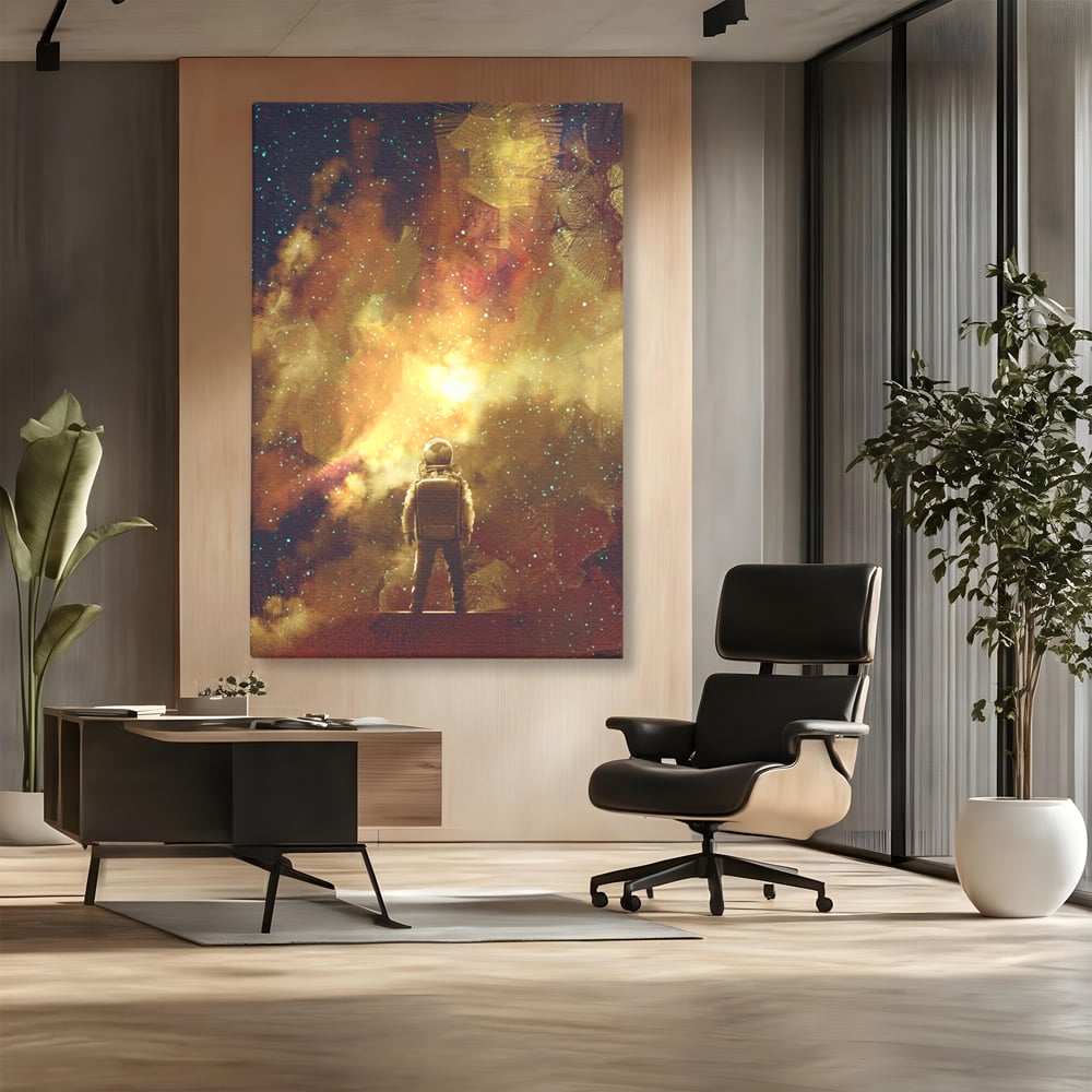 Tablou canvas cu ilustratie cu astronaut privind stelele, fara rama, pe sasiu de lemn, pe perete intr-un birou